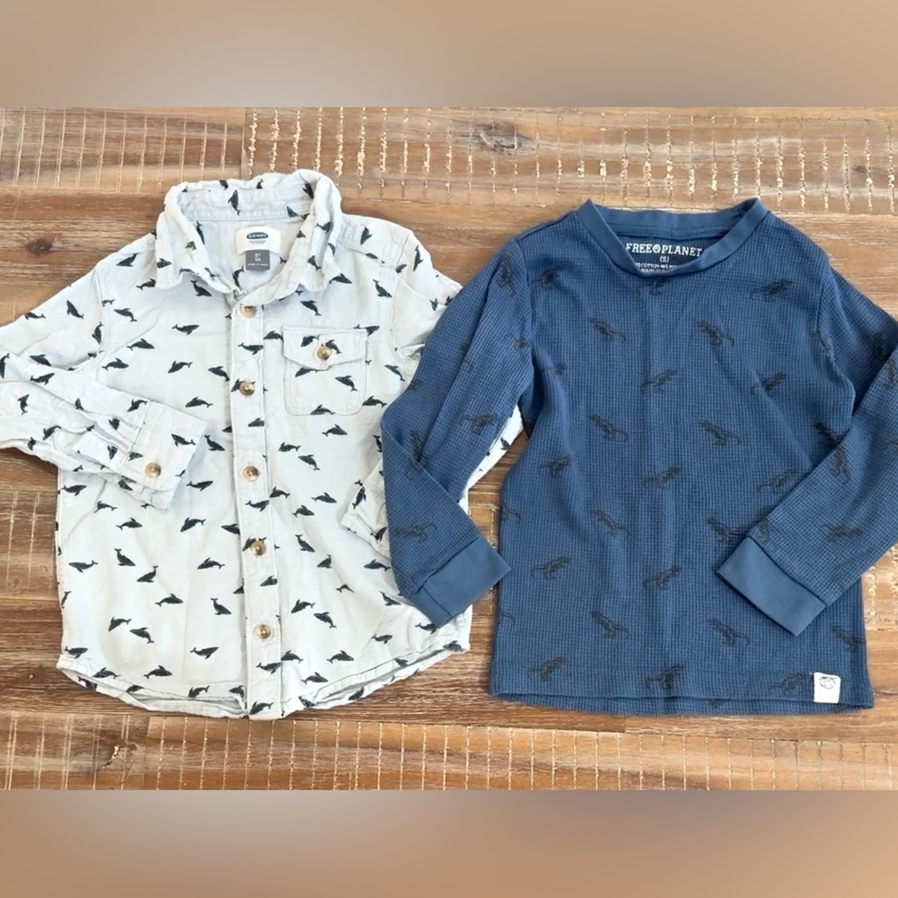 Old Navy Boys Button Up shark Shirt and Free planet long sleeve dinosaur Bundle